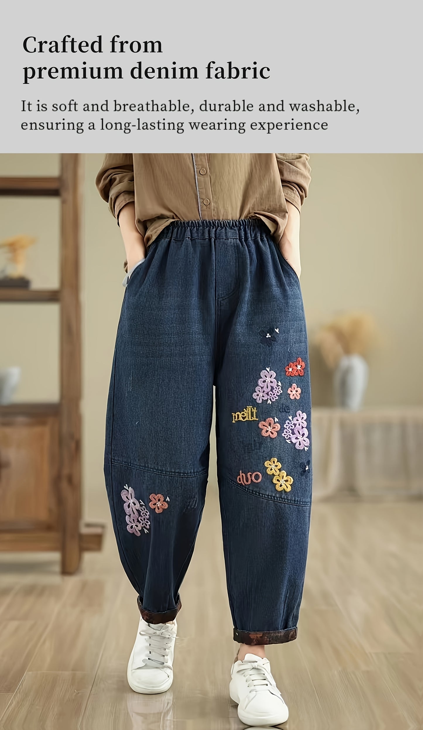 Elegance Flower Embroidery Harem Pants For Women- Practical Pockets, Loose Fit, Baggy Denim, Soft Fabric, Casual Baggy Leg Pants For All Seasons