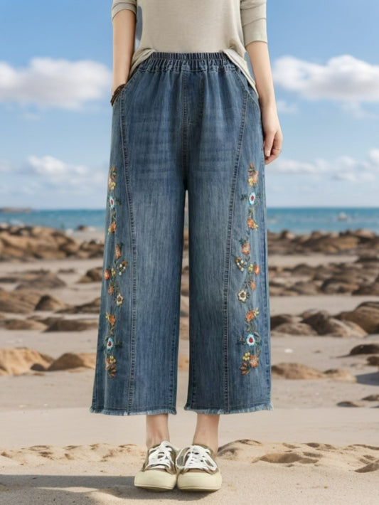 Deep Blue Floral Vine Embroidered Jeans