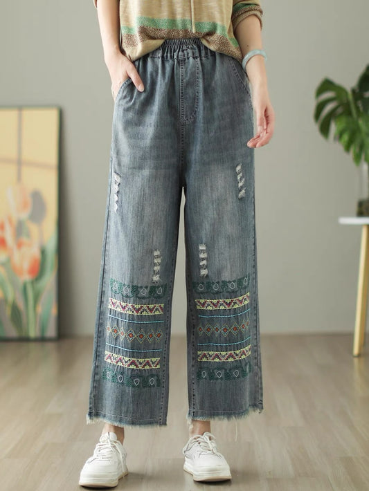 Deep Blue Diamond Embroidered Jeans