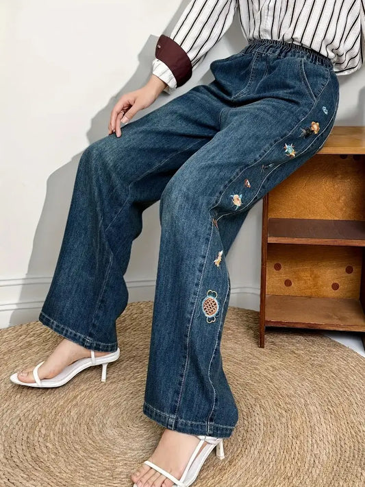 Side embroidery tassel Straight Jeans