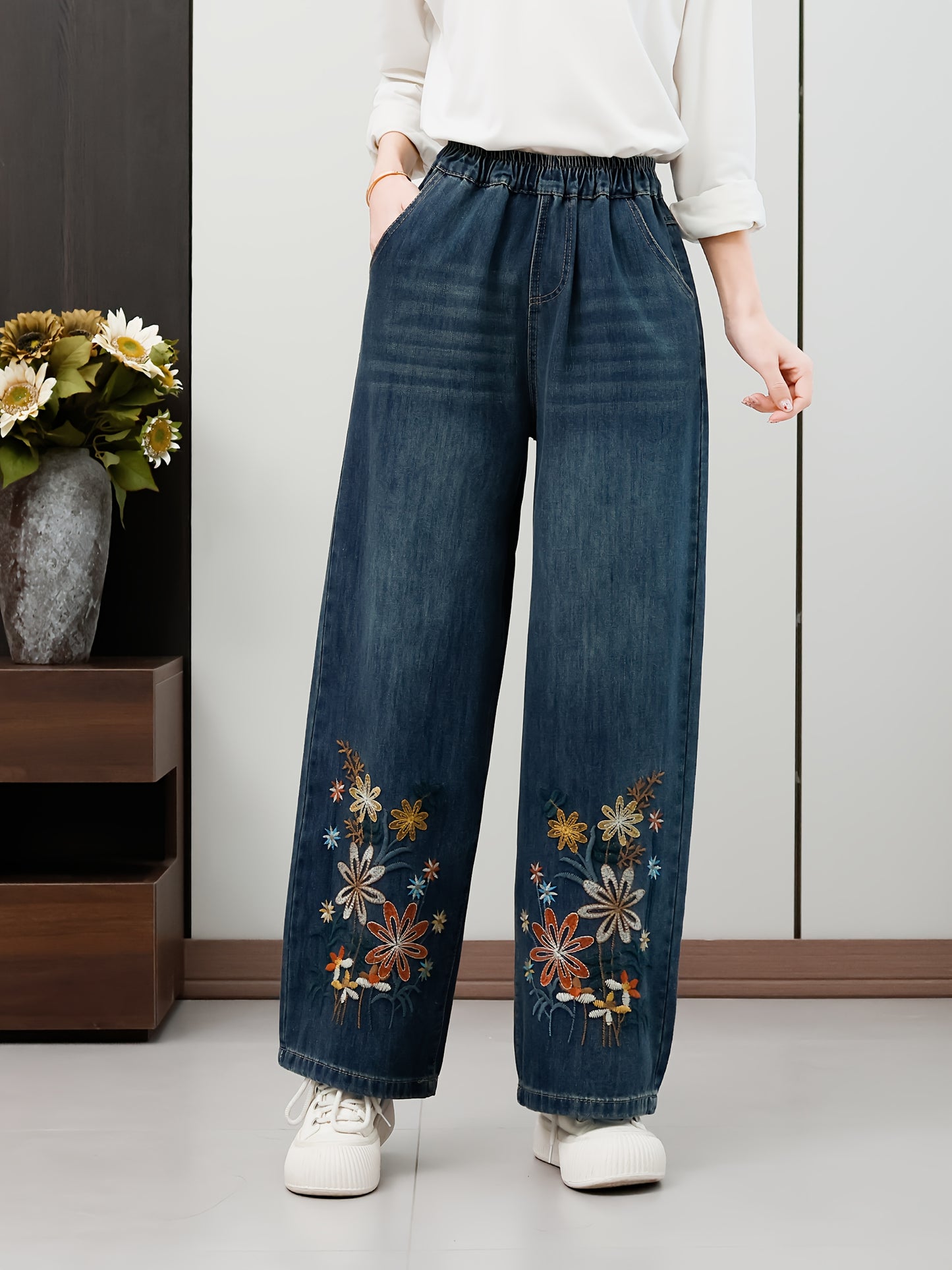 Elegant Daisy Floral Embroidered Straight-Leg Denim Jeans for Women, Classic Blue Rayon Blend, Casual Chic Mid-Rise Pants with Elastic Waistband