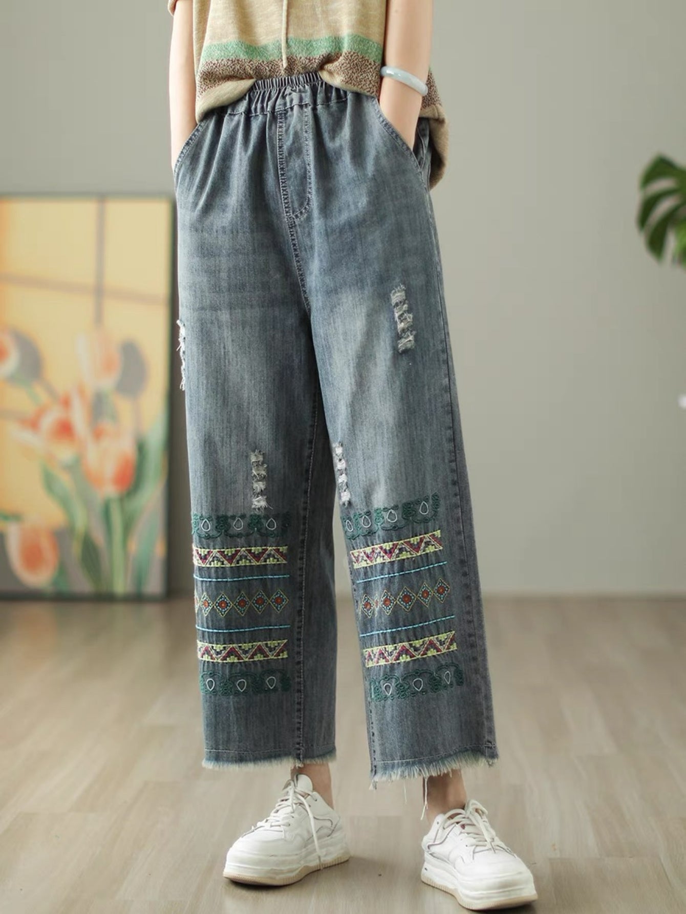 Deep Blue Diamond Embroidered Jeans