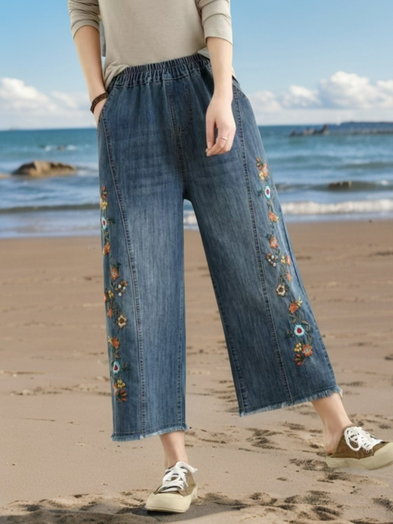 Deep Blue Floral Vine Embroidered Jeans