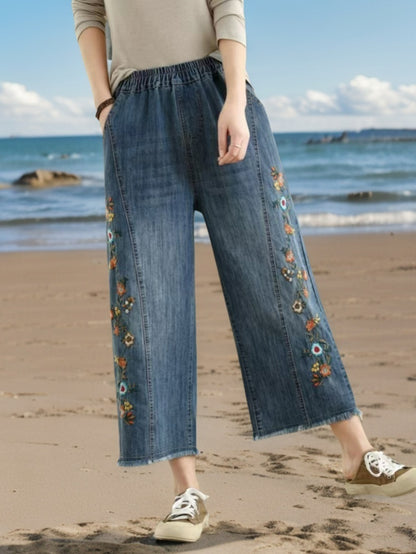 Deep Blue Floral Vine Embroidered Jeans