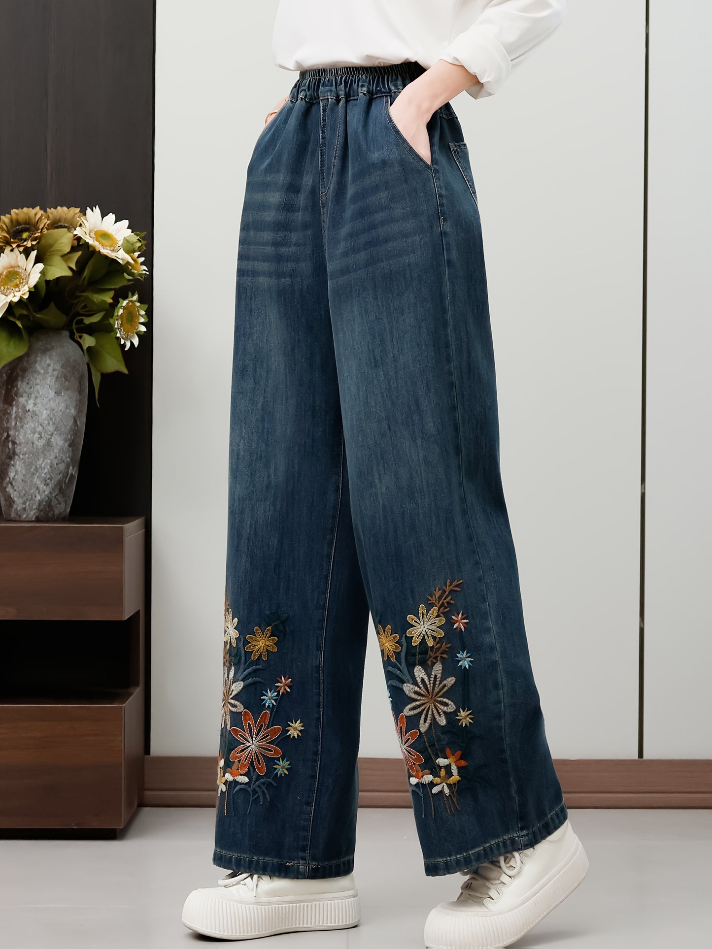 Elegant Daisy Floral Embroidered Straight-Leg Denim Jeans for Women, Classic Blue Rayon Blend, Casual Chic Mid-Rise Pants with Elastic Waistband