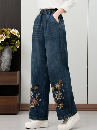 Elegant Daisy Floral Embroidered Straight-Leg Denim Jeans for Women, Classic Blue Rayon Blend, Casual Chic Mid-Rise Pants with Elastic Waistband