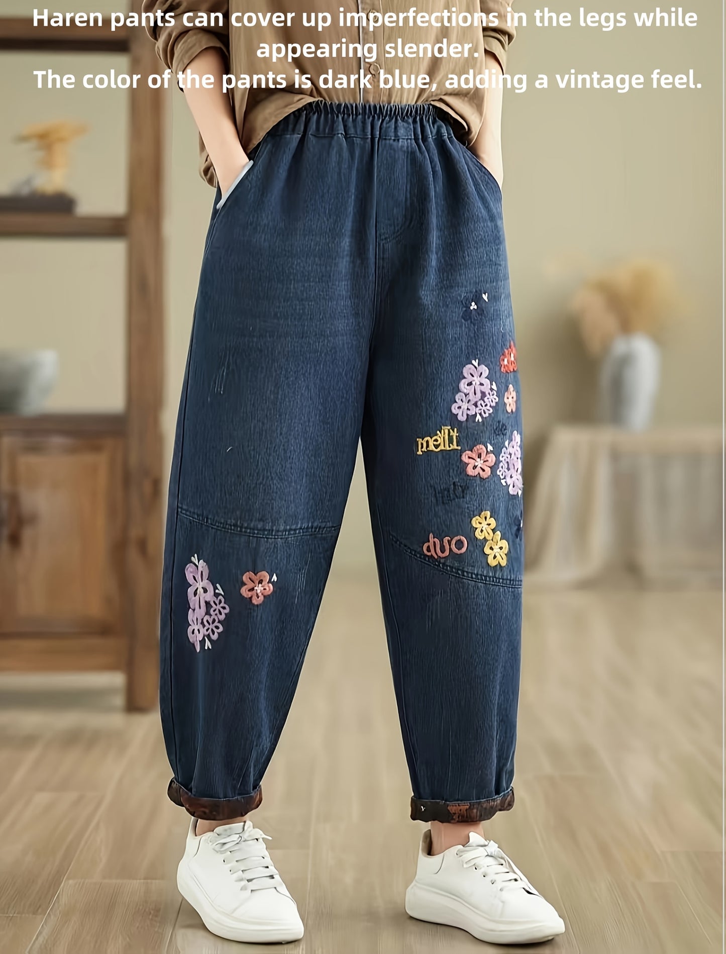 Elegance Flower Embroidery Harem Pants For Women- Practical Pockets, Loose Fit, Baggy Denim, Soft Fabric, Casual Baggy Leg Pants For All Seasons