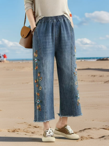 Deep Blue Floral Vine Embroidered Jeans