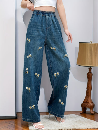 Many Daisy Embroidery Straight Jeans