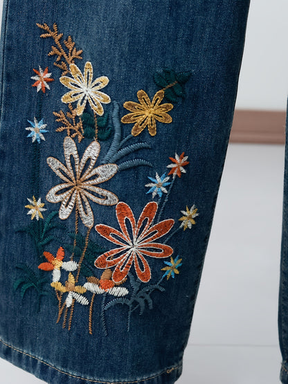 Elegant Daisy Floral Embroidered Straight-Leg Denim Jeans for Women, Classic Blue Rayon Blend, Casual Chic Mid-Rise Pants with Elastic Waistband