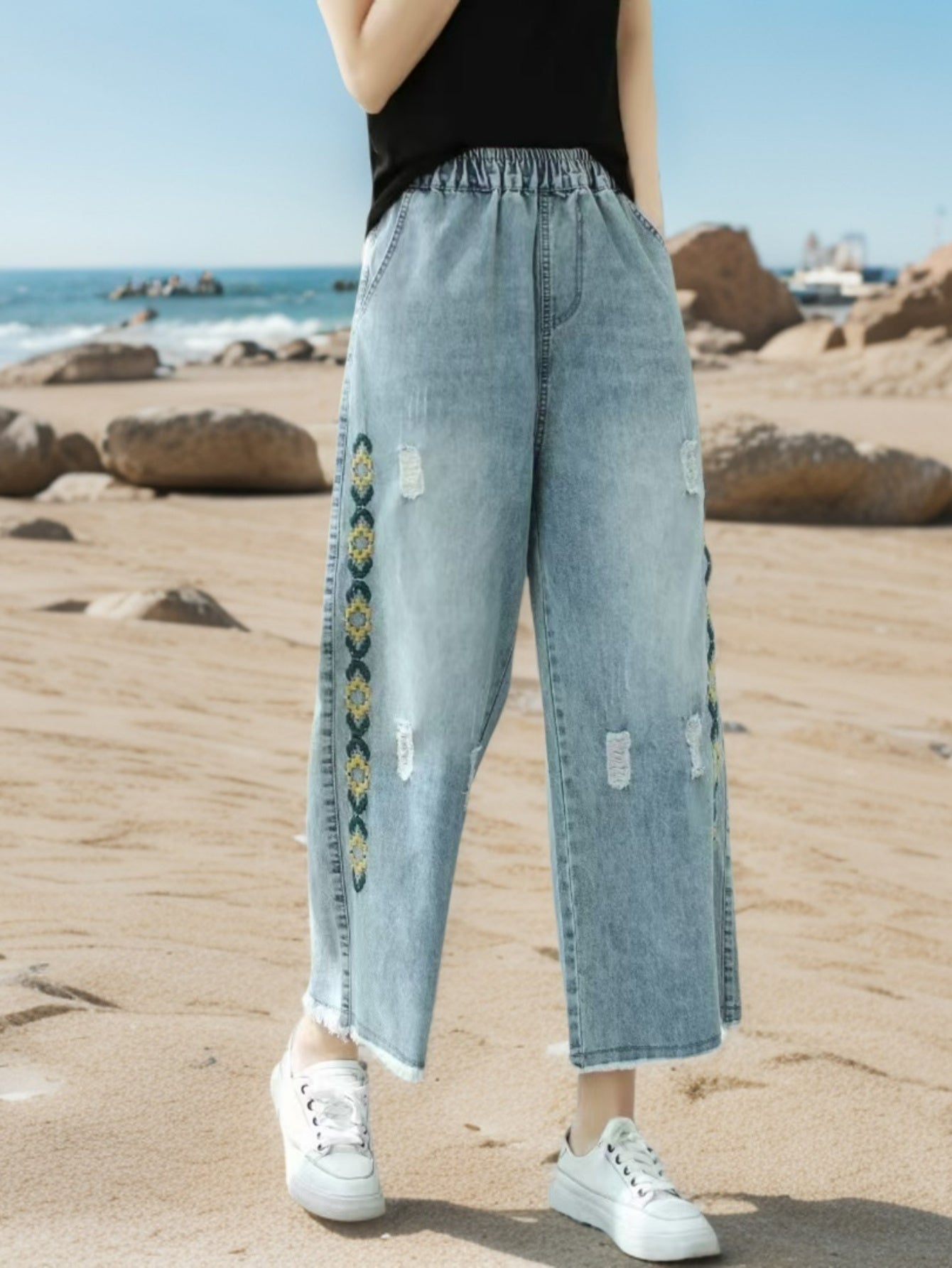 Yellow Diamond Embroidered Jeans