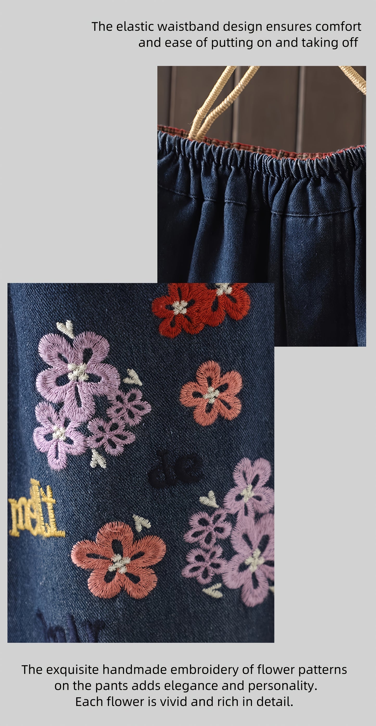 Elegance Flower Embroidery Harem Pants For Women- Practical Pockets, Loose Fit, Baggy Denim, Soft Fabric, Casual Baggy Leg Pants For All Seasons