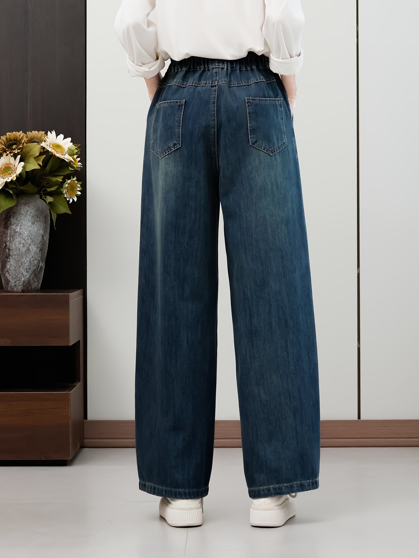 Elegant Daisy Floral Embroidered Straight-Leg Denim Jeans for Women, Classic Blue Rayon Blend, Casual Chic Mid-Rise Pants with Elastic Waistband