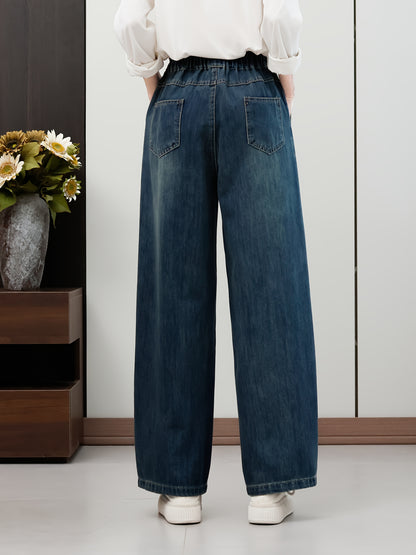 Elegant Daisy Floral Embroidered Straight-Leg Denim Jeans for Women, Classic Blue Rayon Blend, Casual Chic Mid-Rise Pants with Elastic Waistband