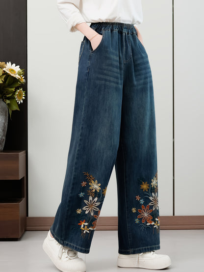 Elegant Daisy Floral Embroidered Straight-Leg Denim Jeans for Women, Classic Blue Rayon Blend, Casual Chic Mid-Rise Pants with Elastic Waistband
