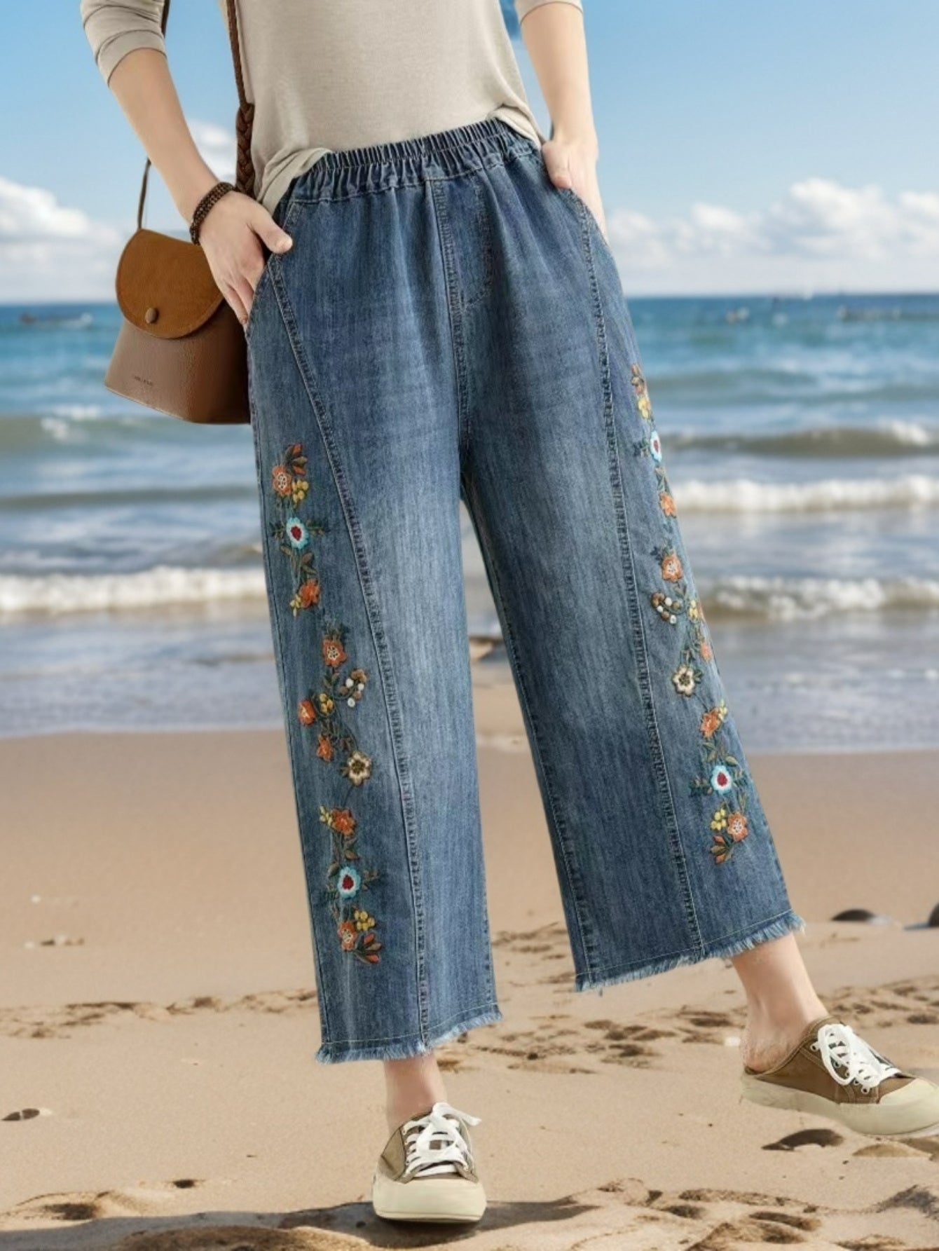 Deep Blue Floral Vine Embroidered Jeans