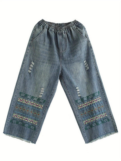 Deep Blue Diamond Embroidered Jeans