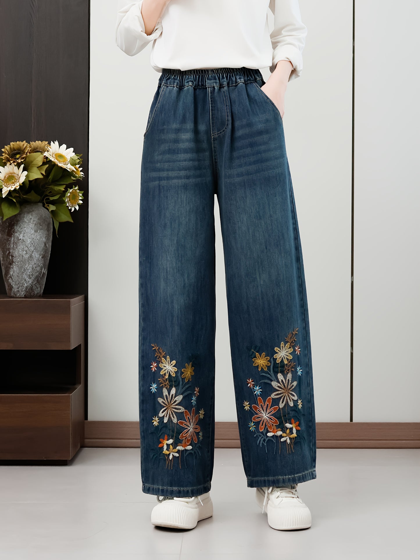 Elegant Daisy Floral Embroidered Straight-Leg Denim Jeans for Women, Classic Blue Rayon Blend, Casual Chic Mid-Rise Pants with Elastic Waistband