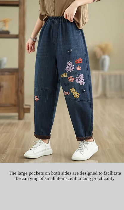 Elegance Flower Embroidery Harem Pants For Women- Practical Pockets, Loose Fit, Baggy Denim, Soft Fabric, Casual Baggy Leg Pants For All Seasons