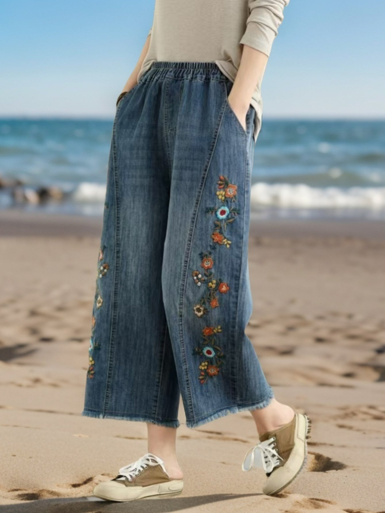 Deep Blue Floral Vine Embroidered Jeans