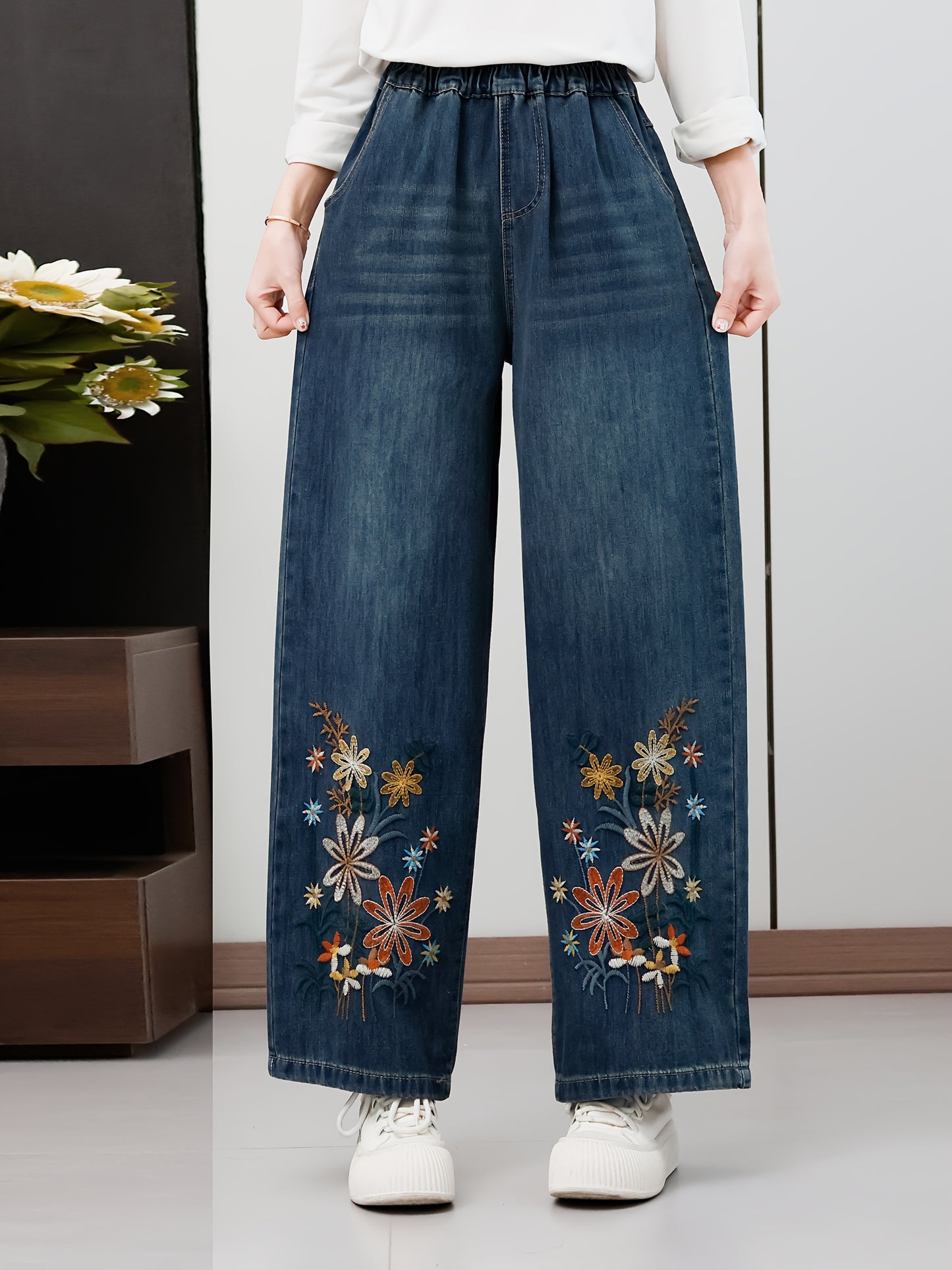Elegant Daisy Floral Embroidered Straight-Leg Denim Jeans for Women, Classic Blue Rayon Blend, Casual Chic Mid-Rise Pants with Elastic Waistband